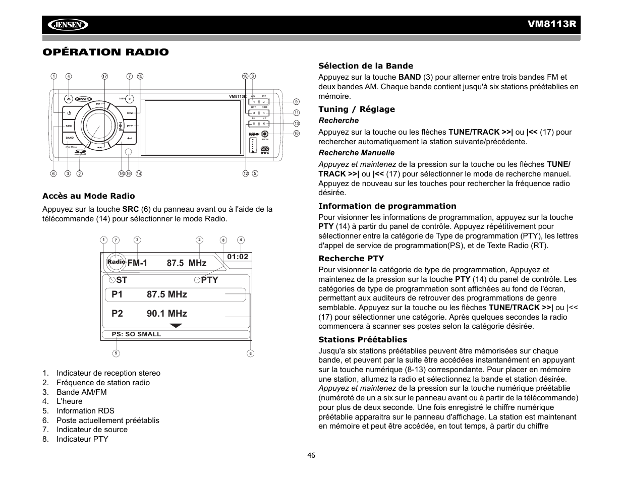 Vm8113 r, Opération radio, Fm-1 87.5 mhz | St pty | CHALLENGER VM8113R User Manual | Page 50 / 100
