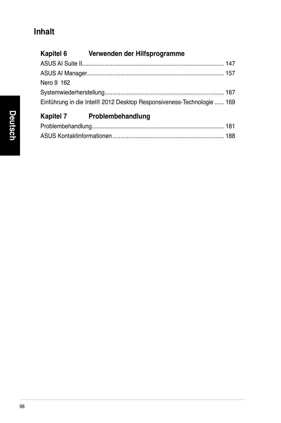 Deutsch, Deutsch inhalt | Asus CG8580 User Manual | Page 100 / 662