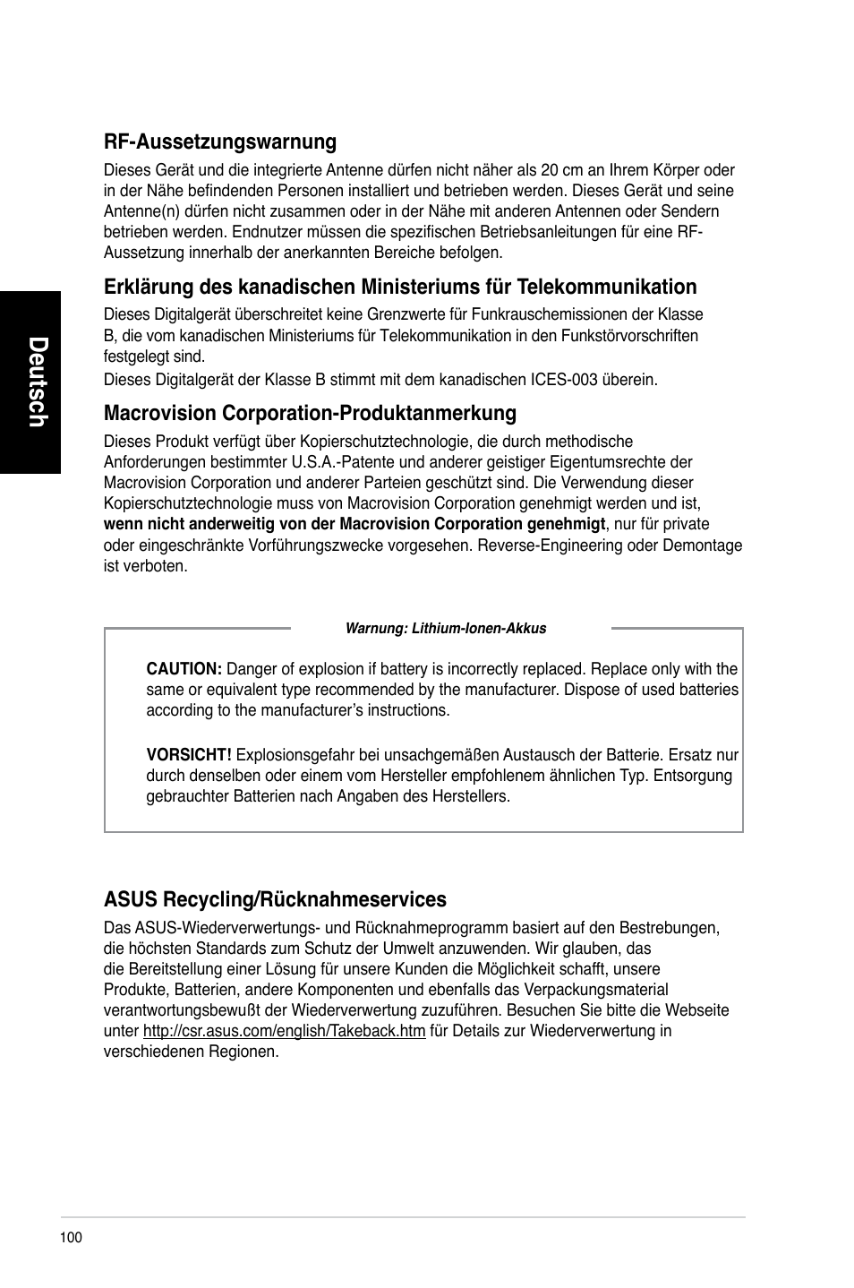 Deutsch, Rf-aussetzungswarnung, Macrovision.corporation-produktanmerkung | Asus.recycling/rücknahmeservices | Asus CG8580 User Manual | Page 102 / 662