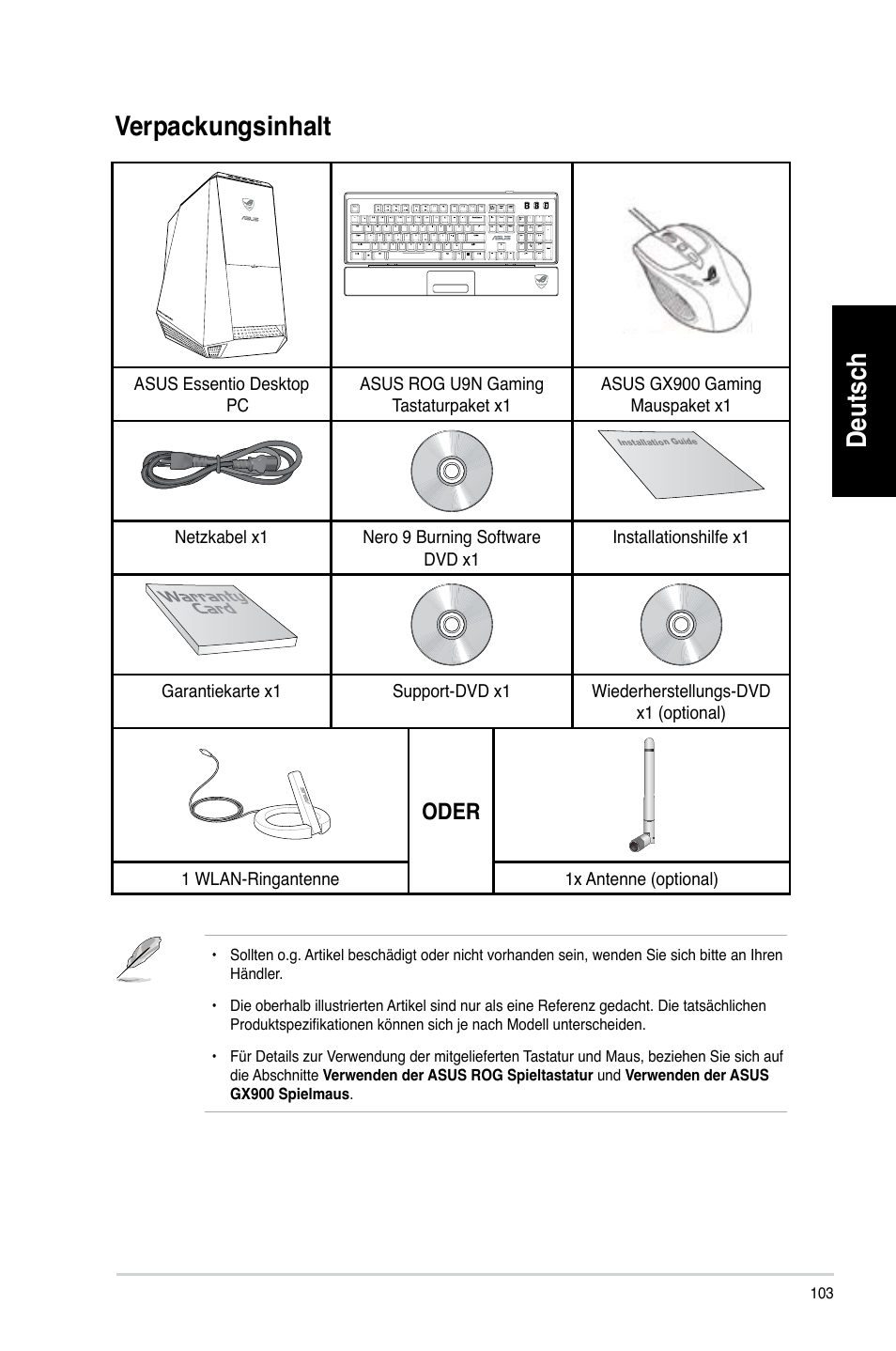 Verpackungsinhalt, Deutsch, Deutsch verpackungsinhalt | Oder | Asus CG8580 User Manual | Page 105 / 662