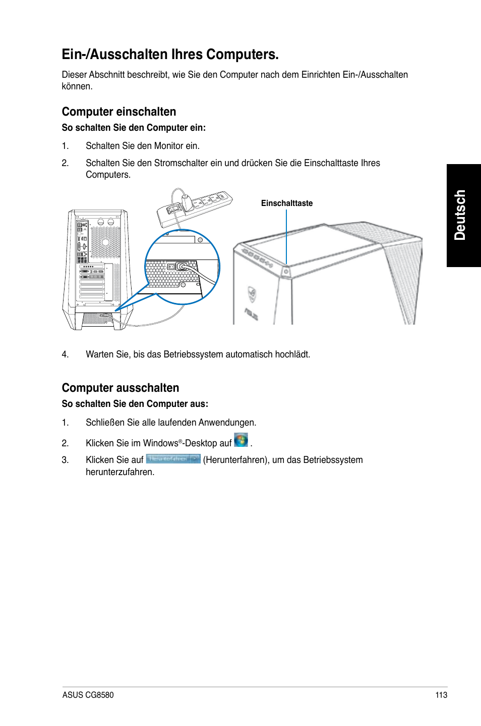 Ein-/ausschalten ihres computers, Deutsch, Computer.einschalten | Computer.ausschalten | Asus CG8580 User Manual | Page 115 / 662