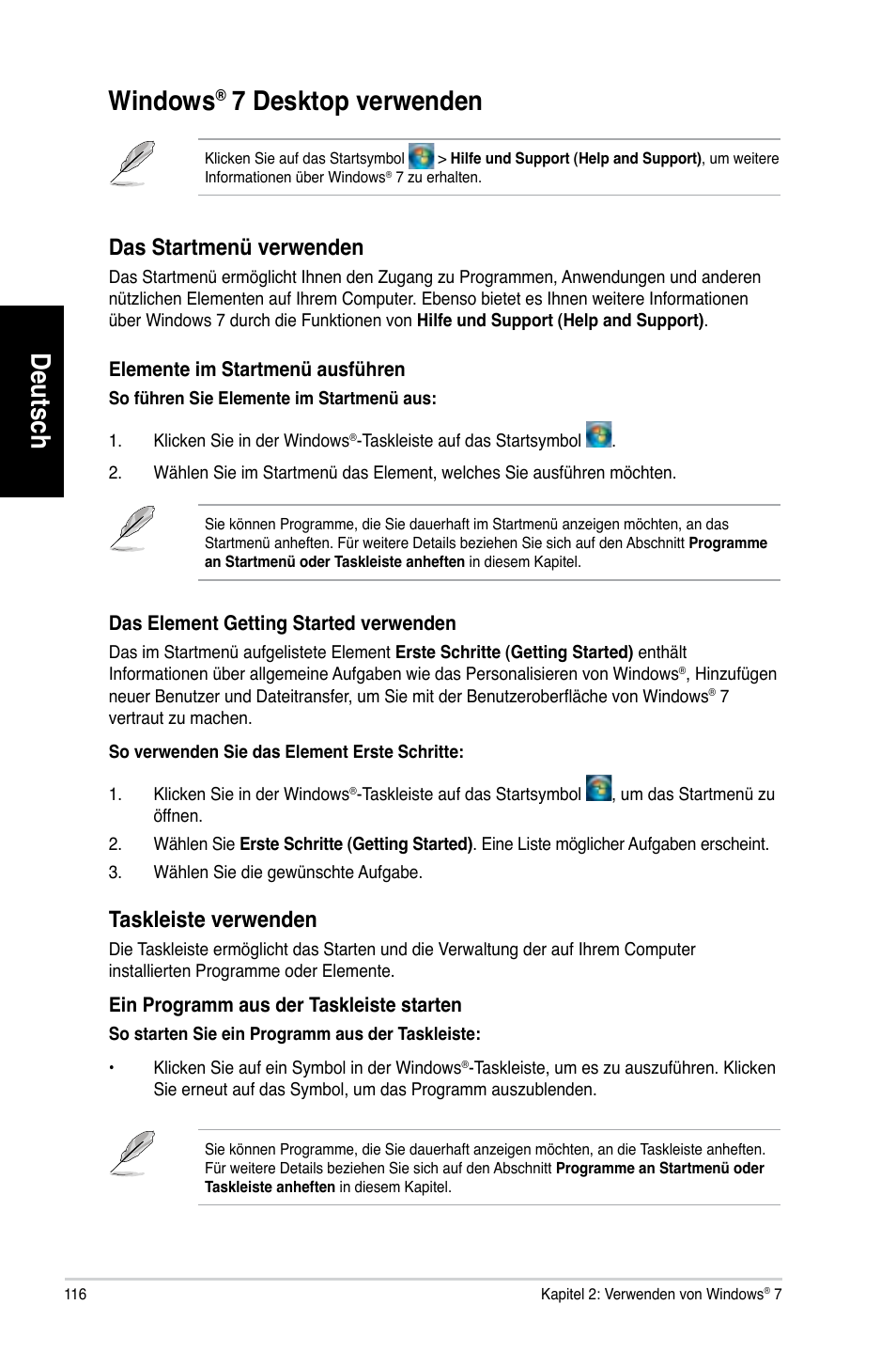 Windows® 7 desktop verwenden, Windows, 7 desktop verwenden | Deutsch, Deutsch windows, Desktop.verwenden, Das.startmenü.verwenden, Taskleiste.verwenden | Asus CG8580 User Manual | Page 118 / 662