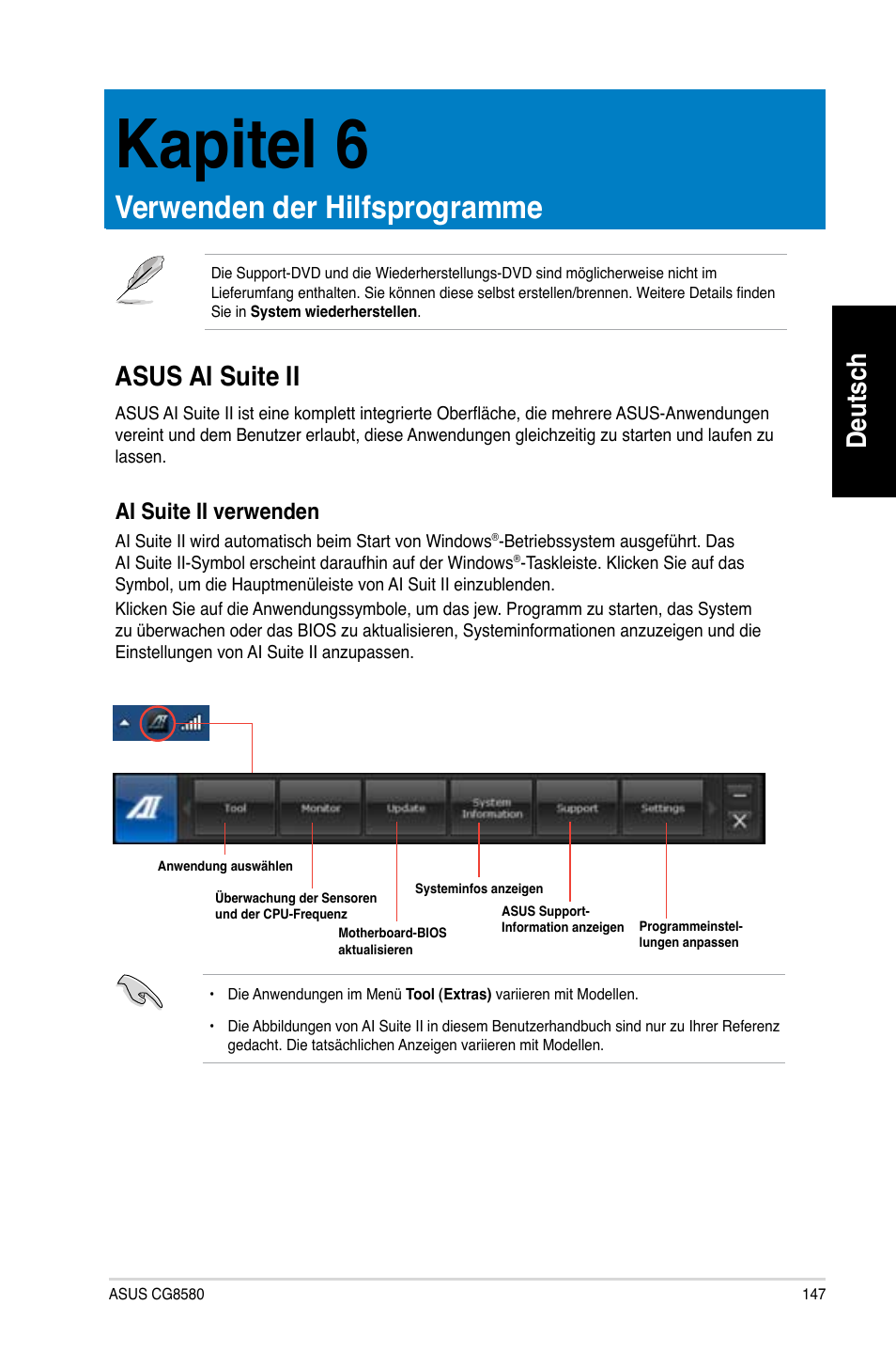 Kapitel 6, Verwenden der hilfsprogramme, Asus ai suite ii | Kapitel.6, Verwenden.der.hilfsprogramme, Deutsch, Asus.ai.suite.ii, Ai.suite.ii.verwenden | Asus CG8580 User Manual | Page 149 / 662