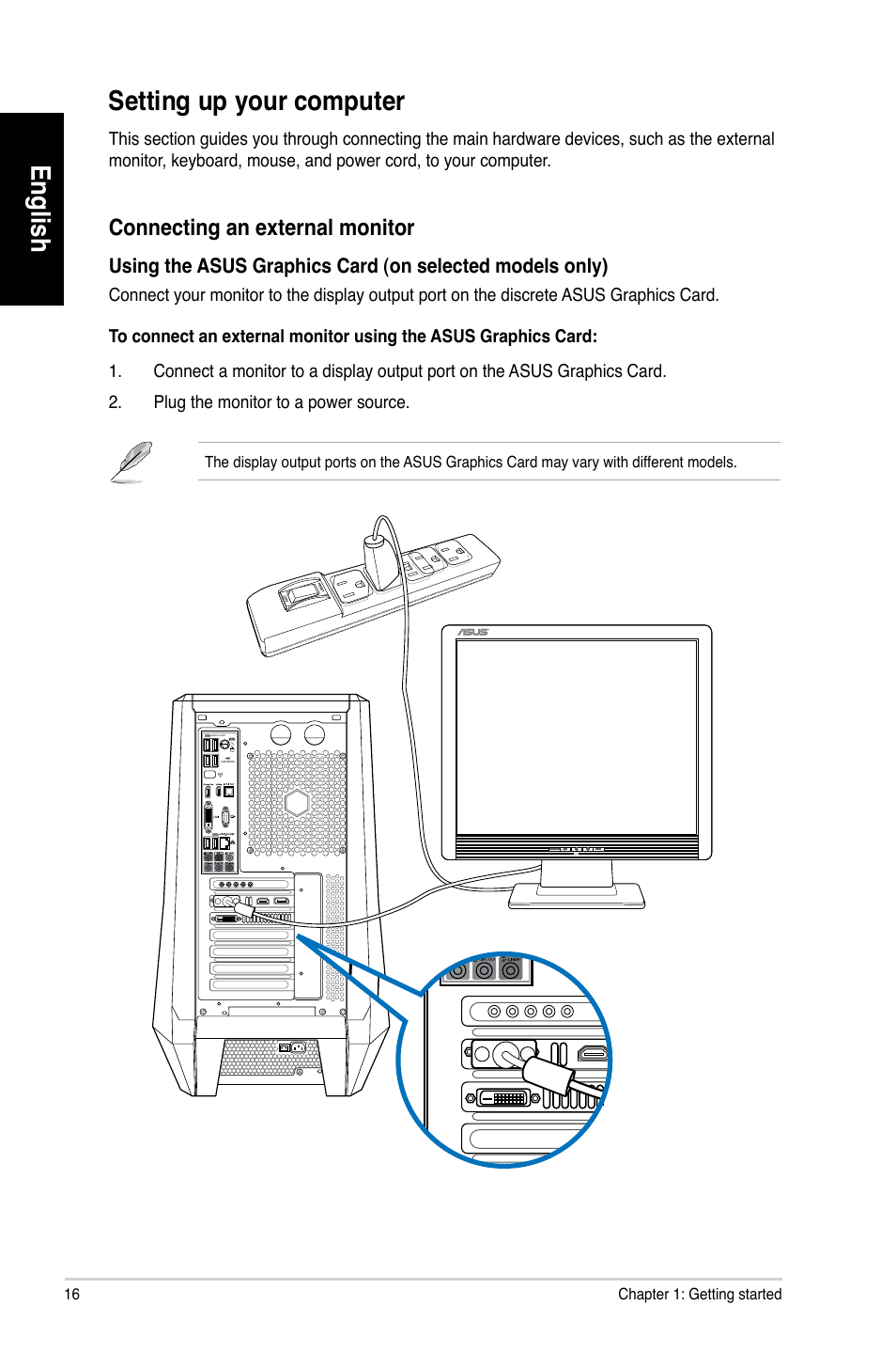 Setting up your computer, English, Connecting.an.external.monitor | Asus CG8580 User Manual | Page 18 / 662