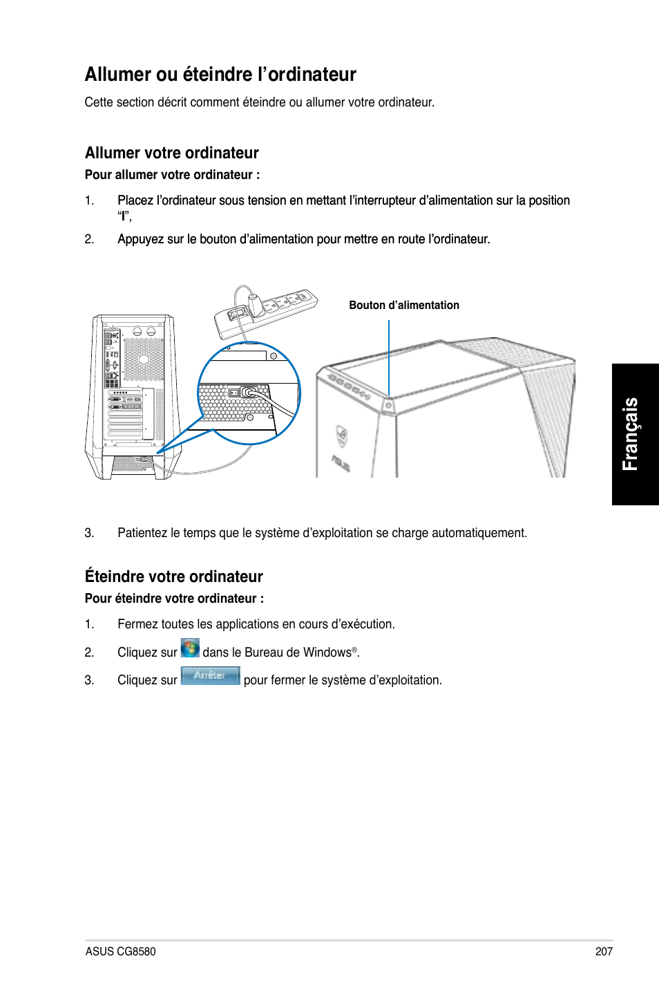 Allumer ou éteindre l’ordinateur, Français, Français allumer.ou.éteindre.l’ordinateur | Allumer.votre.ordinateur, Éteindre.votre.ordinateur | Asus CG8580 User Manual | Page 209 / 662