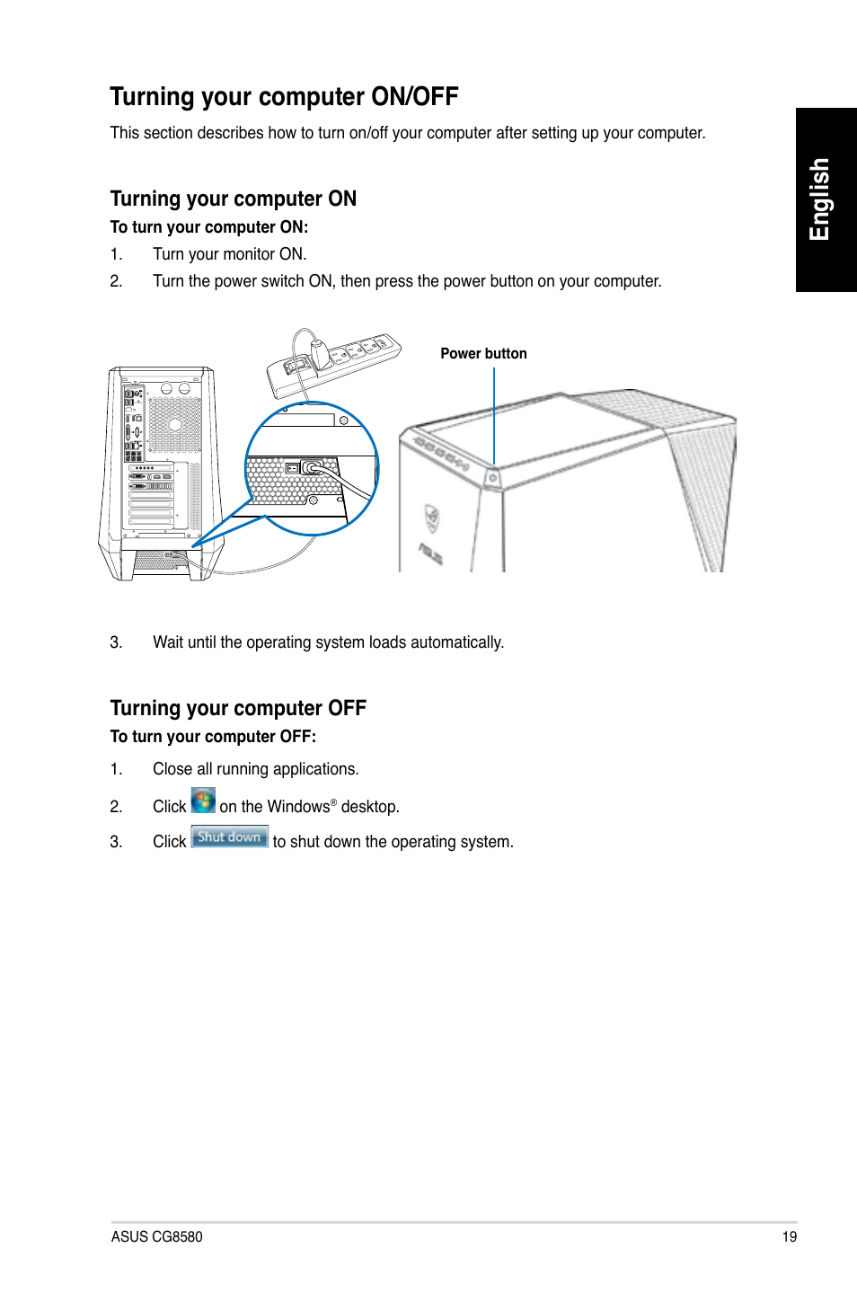 Turning your computer on/off, English | Asus CG8580 User Manual | Page 21 / 662