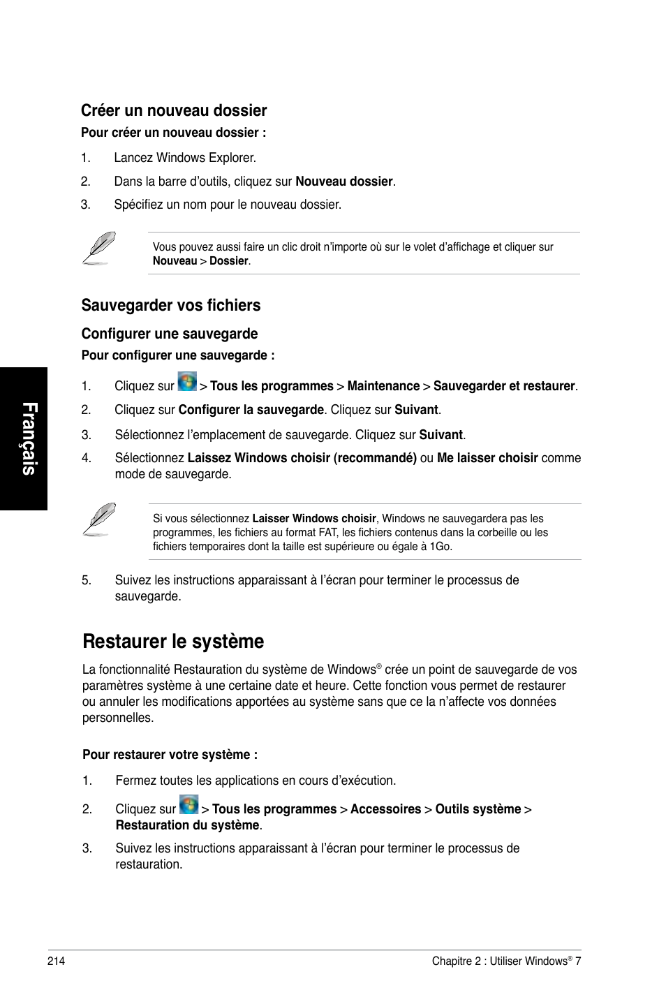 Restaurer le système, Français, Restaurer.le.système | Créer.un.nouveau.dossier, Sauvegarder vos fichiers | Asus CG8580 User Manual | Page 216 / 662