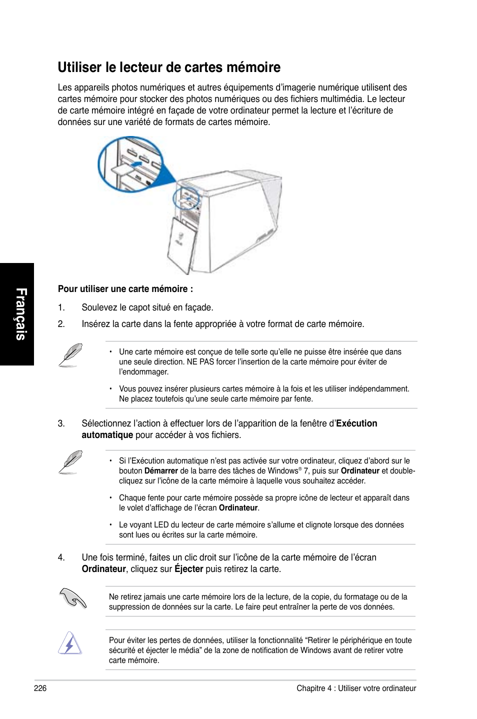 Utiliser le lecteur de cartes mémoire, Français, Utiliser.le.lecteur.de.cartes.mémoire | Asus CG8580 User Manual | Page 228 / 662