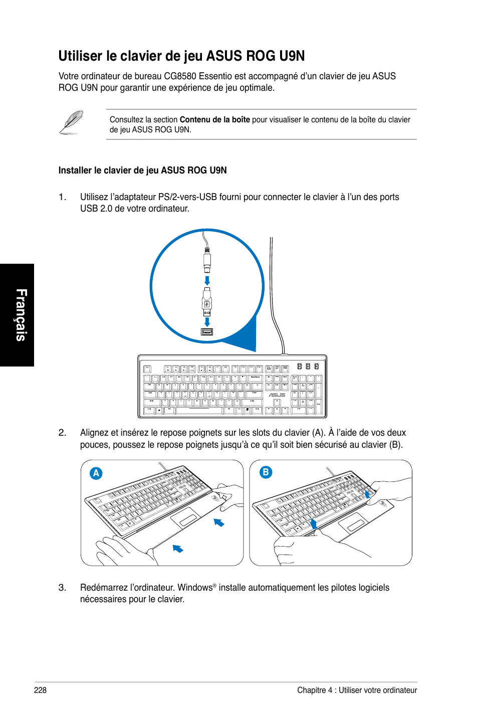 Utiliser le clavier de jeu asus rog u9n, Français, Français utiliser.le.clavier.de.jeu.asus.rog.u9n | Asus CG8580 User Manual | Page 230 / 662