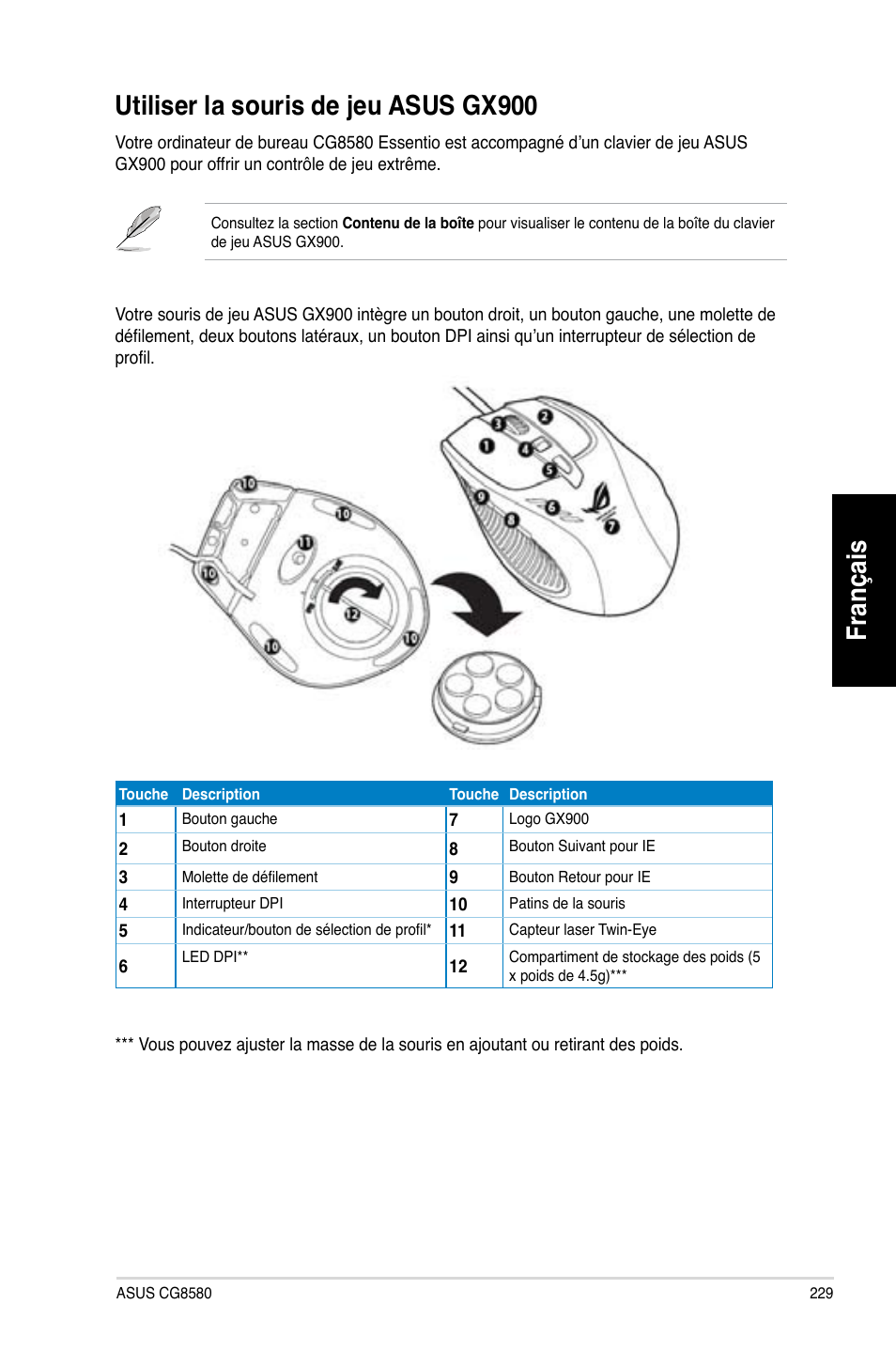 Utiliser la souris de jeu asus gx900, Français, Français utiliser.la.souris.de.jeu.asus.gx900 | Asus CG8580 User Manual | Page 231 / 662