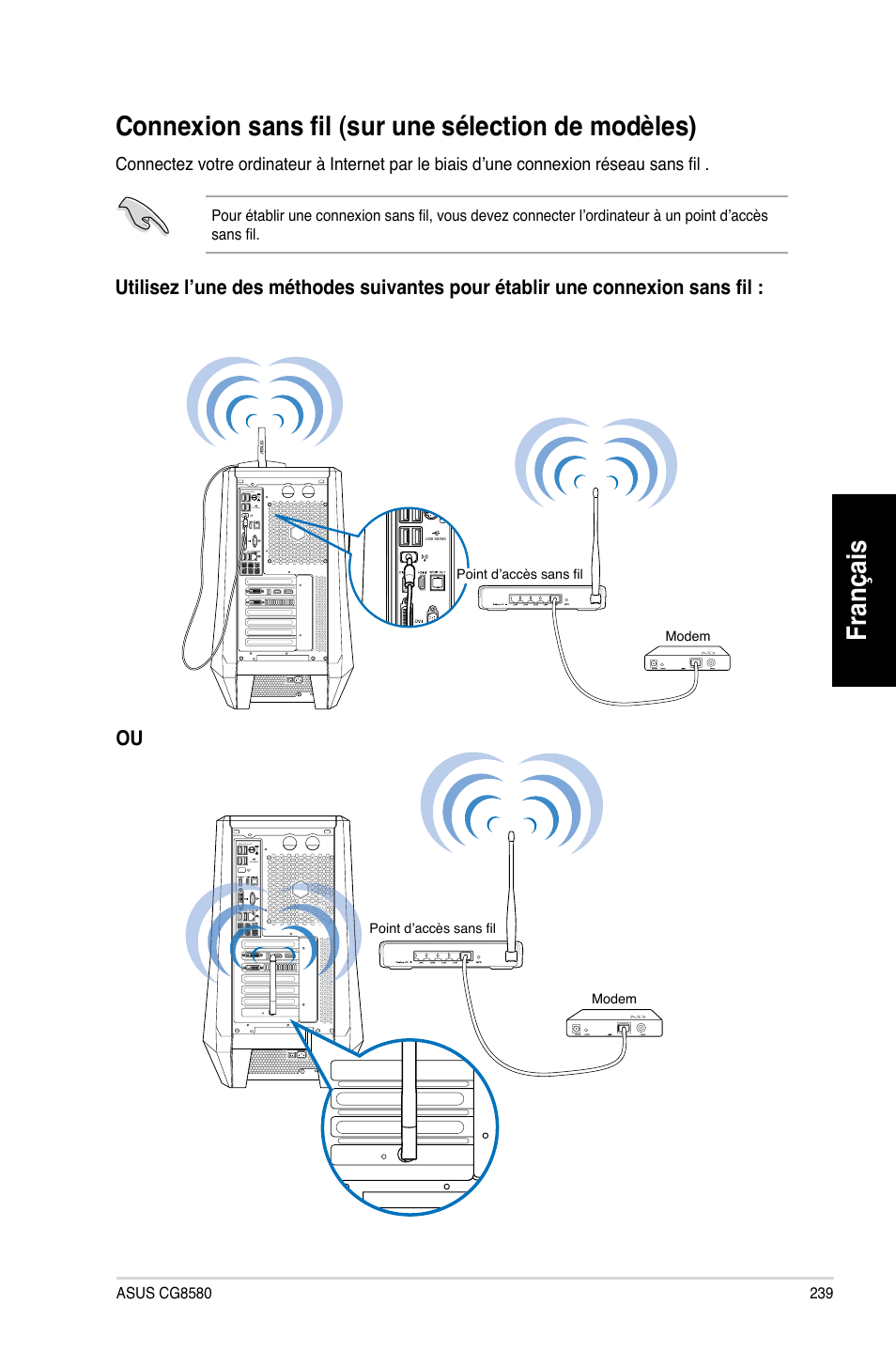 Connexion sans fil (sur une sélection de modèles), Français | Asus CG8580 User Manual | Page 241 / 662