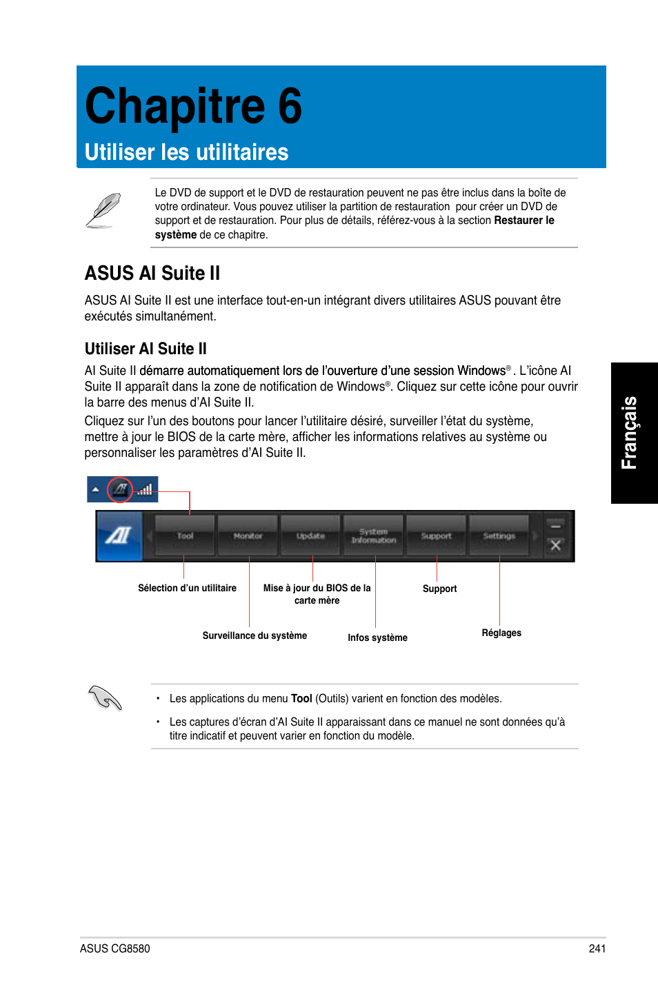 Chapitre 6, Utiliser les utilitaires, Asus ai suite ii | Chapitre.6, Utiliser.les.utilitaires, Français, Asus.ai.suite.ii, Utiliser.ai.suite.ii | Asus CG8580 User Manual | Page 243 / 662