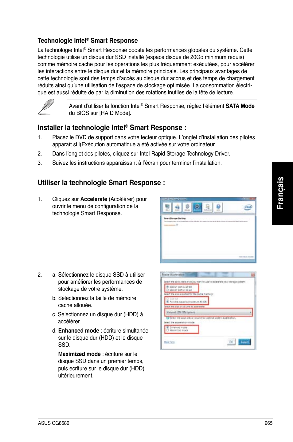 Français, Installer.la.technologie.intel, Smart.response | Utiliser.la.technologie.smart.response | Asus CG8580 User Manual | Page 267 / 662