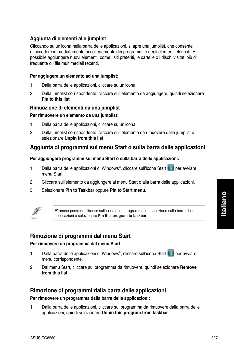 Italiano, Rimozione.di.programmi.dal.menu.start | Asus CG8580 User Manual | Page 309 / 662