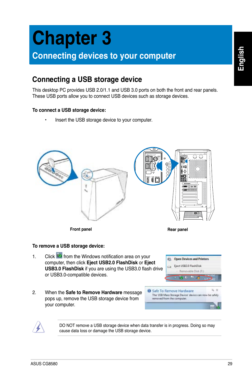 Chapter 3, Connecting devices to your computer, Connecting a usb storage device | Chapter.3, Connecting.devices.to.your.computer, English | Asus CG8580 User Manual | Page 31 / 662