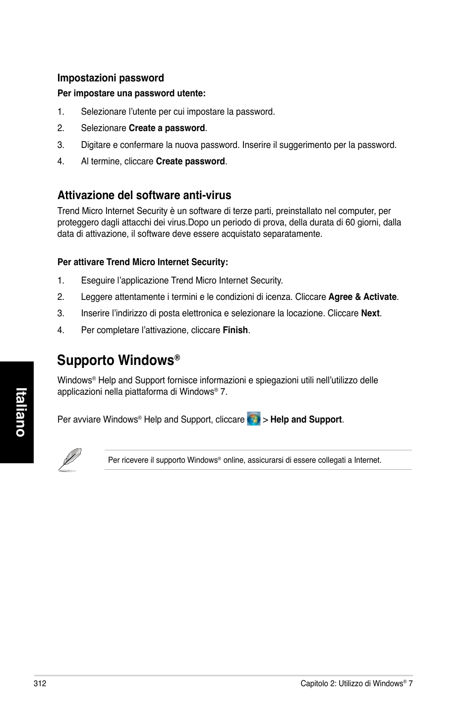 Supporto windows, Italiano, Supporto.windows | Attivazione.del.software.anti-virus | Asus CG8580 User Manual | Page 314 / 662