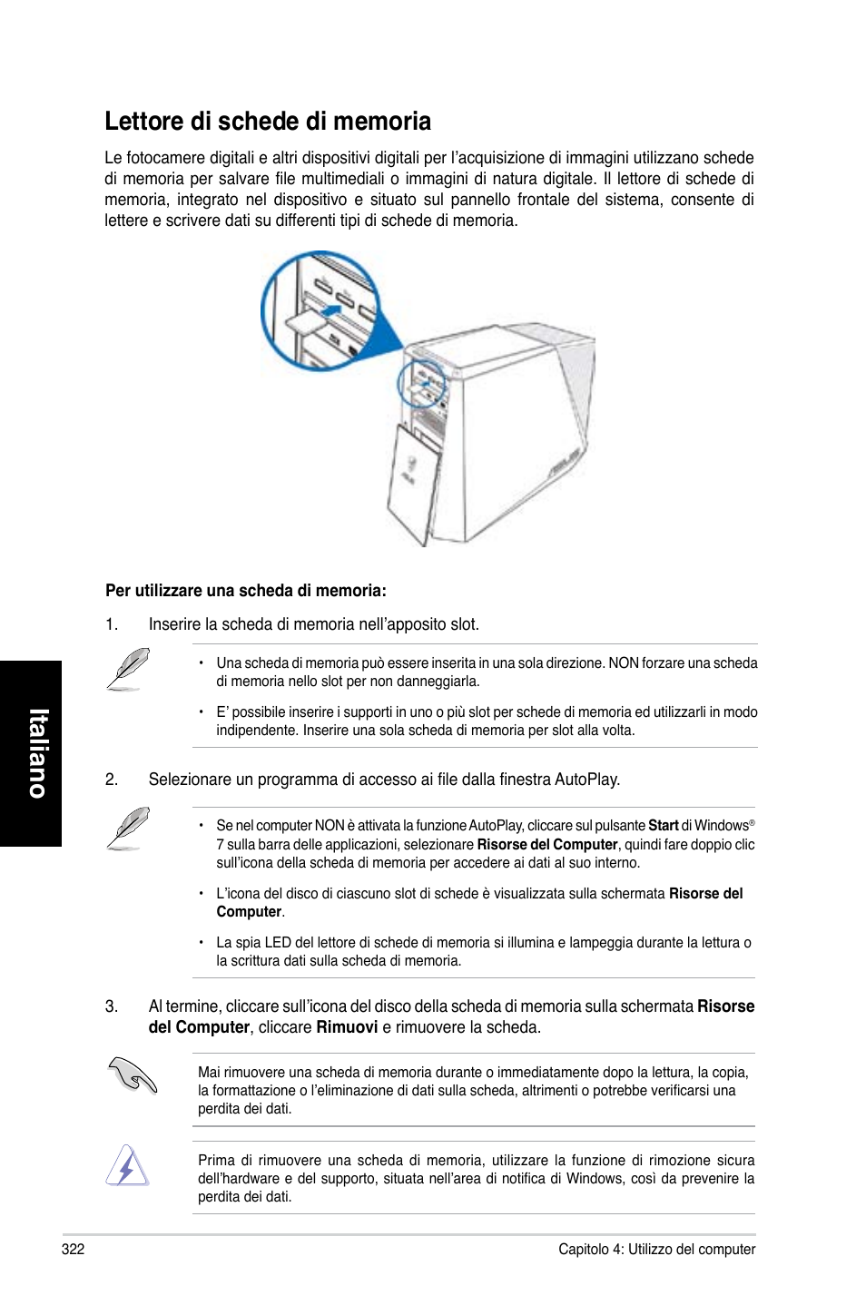 Lettore di schede di memoria, Italiano | Asus CG8580 User Manual | Page 324 / 662