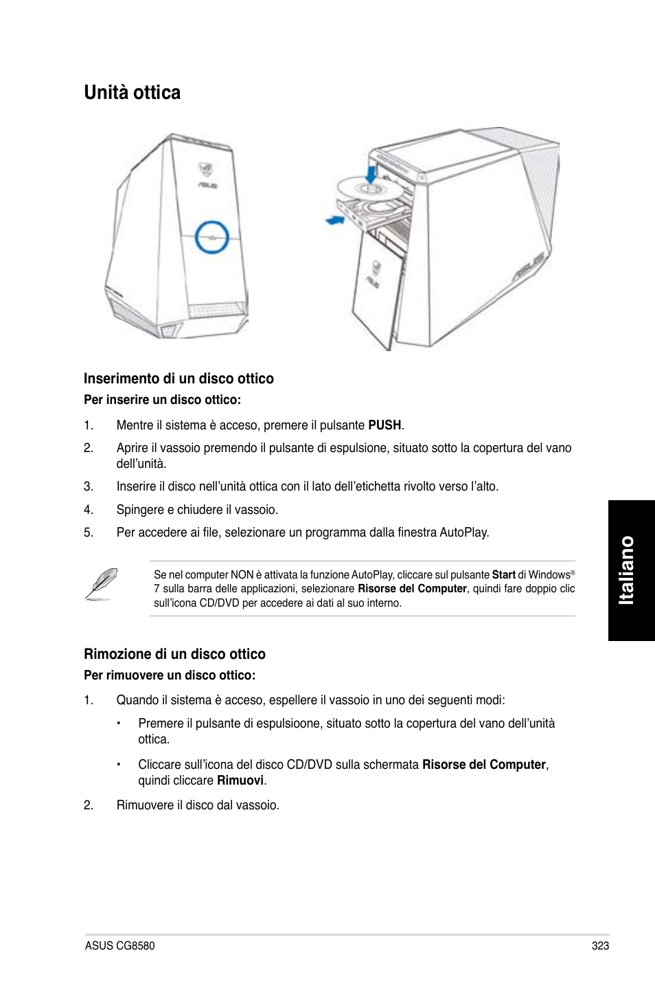 Unità ottica, Italiano, Italiano unità.ottica | Asus CG8580 User Manual | Page 325 / 662