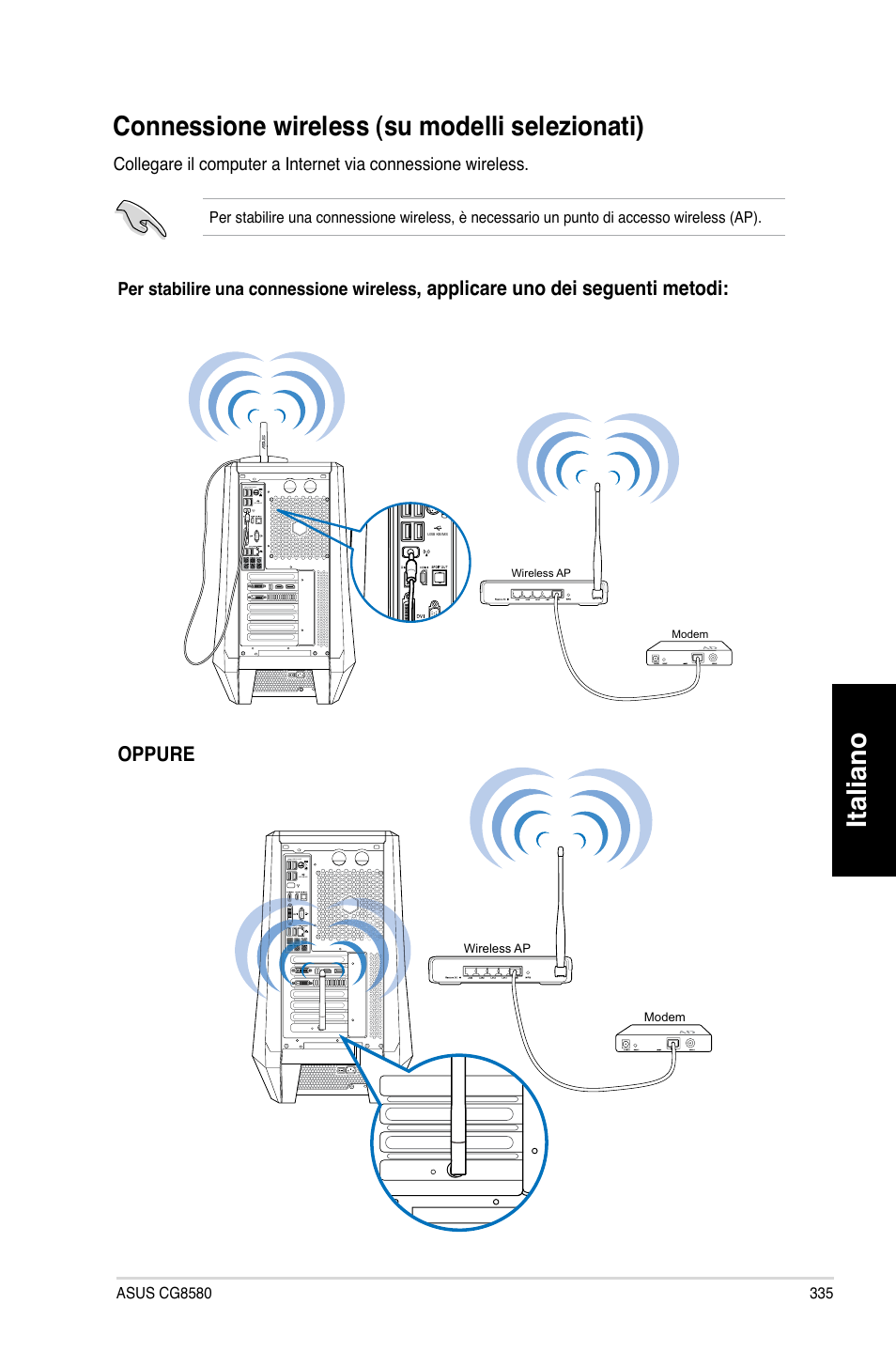 Connessione wireless (su modelli selezionati), Italiano, Connessione.wireless.(su.modelli.selezionati) | Asus CG8580 User Manual | Page 337 / 662