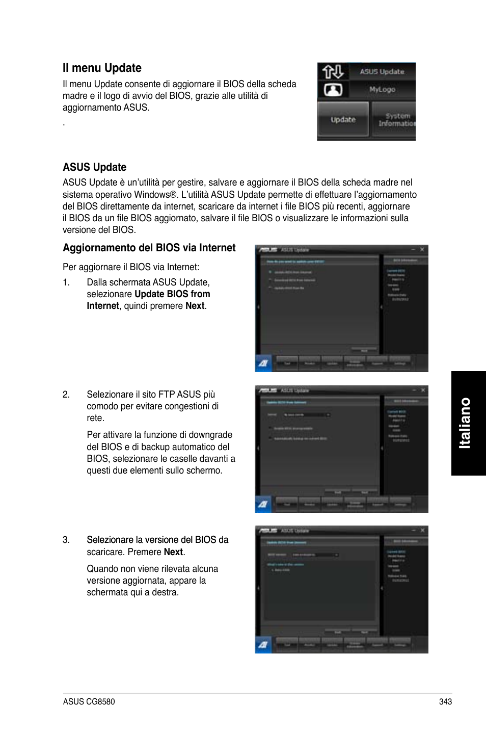 Italiano, Il.menu.update | Asus CG8580 User Manual | Page 345 / 662