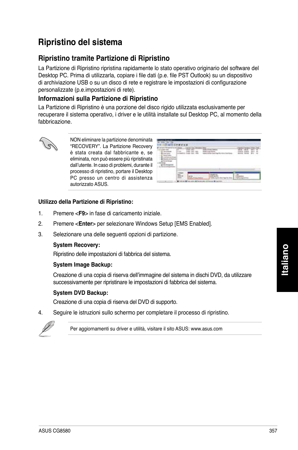 Ripristino del sistema, Italiano, Italiano ripristino.del.sistema | Ripristino.tramite.partizione.di.ripristino | Asus CG8580 User Manual | Page 359 / 662