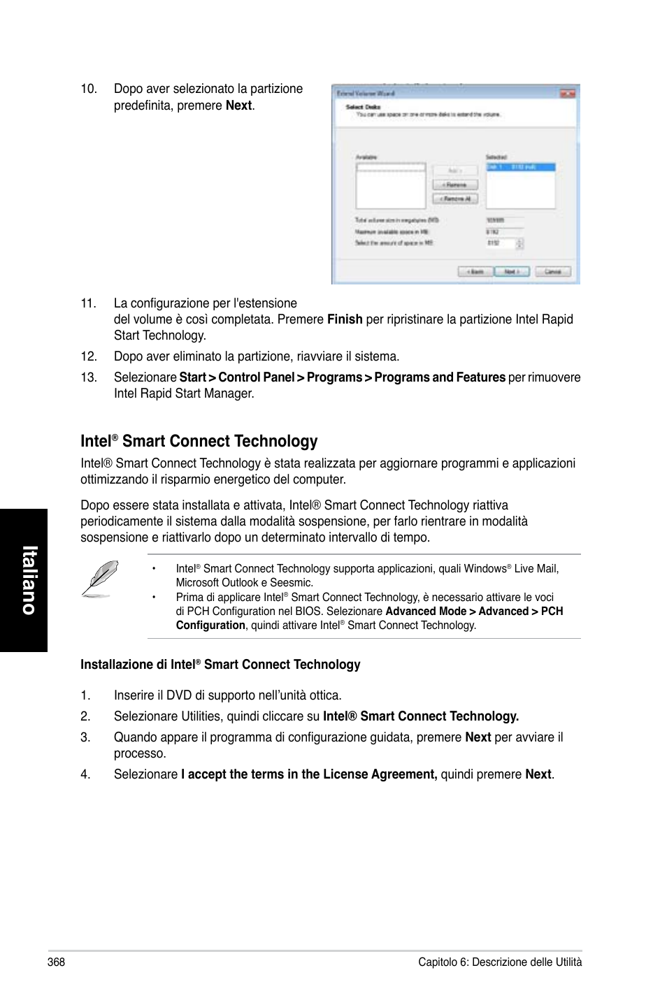 Italiano, Intel, Smart.connect.technology | Asus CG8580 User Manual | Page 370 / 662