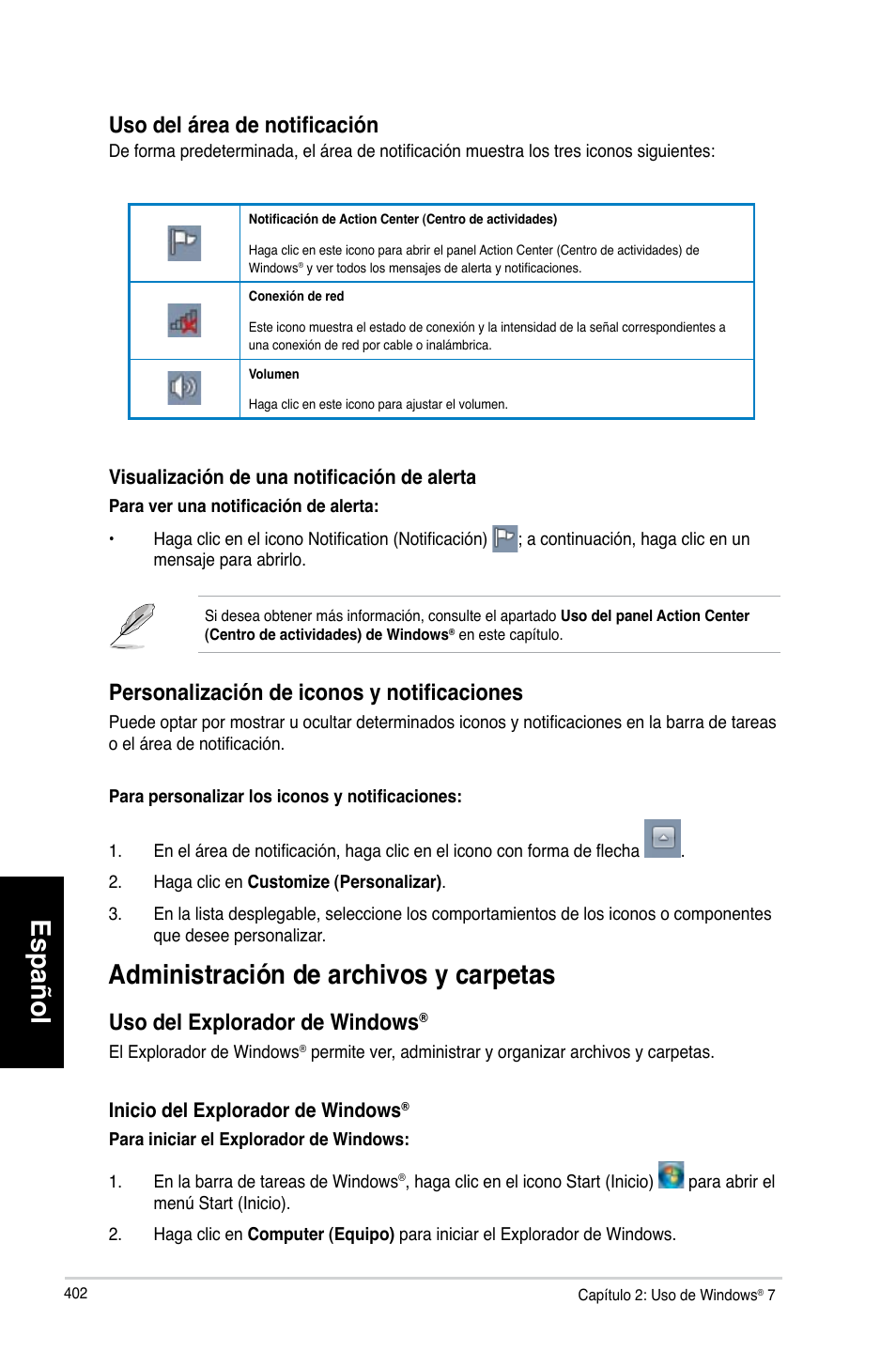 Administración de archivos y carpetas, Español, Administración.de.archivos.y.carpetas | Uso del área de notificación, Personalización de iconos y notificaciones, Uso.del.explorador.de.windows | Asus CG8580 User Manual | Page 404 / 662