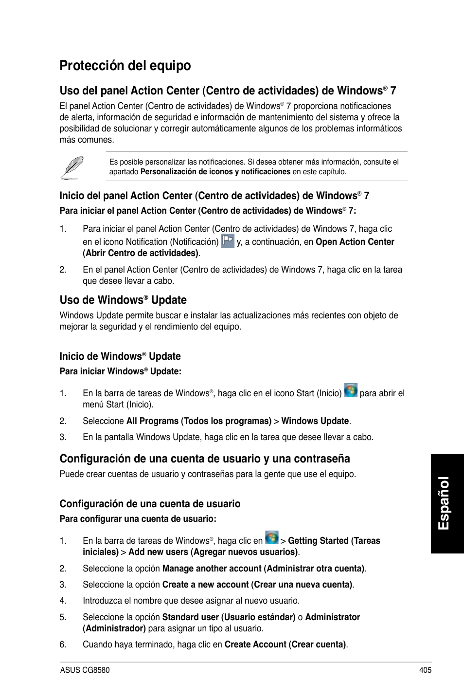 Protección del equipo, Español, Protección.del.equipo | Uso.de.windows, Update | Asus CG8580 User Manual | Page 407 / 662