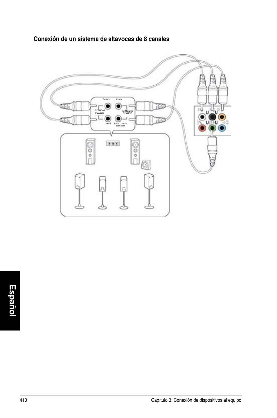 Español, Conexión.de.un.sistema.de.altavoces.de.8.canales | Asus CG8580 User Manual | Page 412 / 662