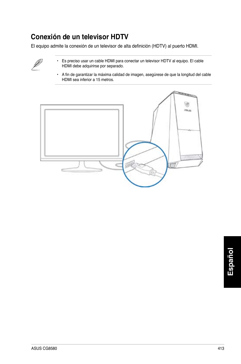 Conexión de un televisor hdtv, Español, Conexión.de.un.televisor.hdtv | Asus CG8580 User Manual | Page 415 / 662