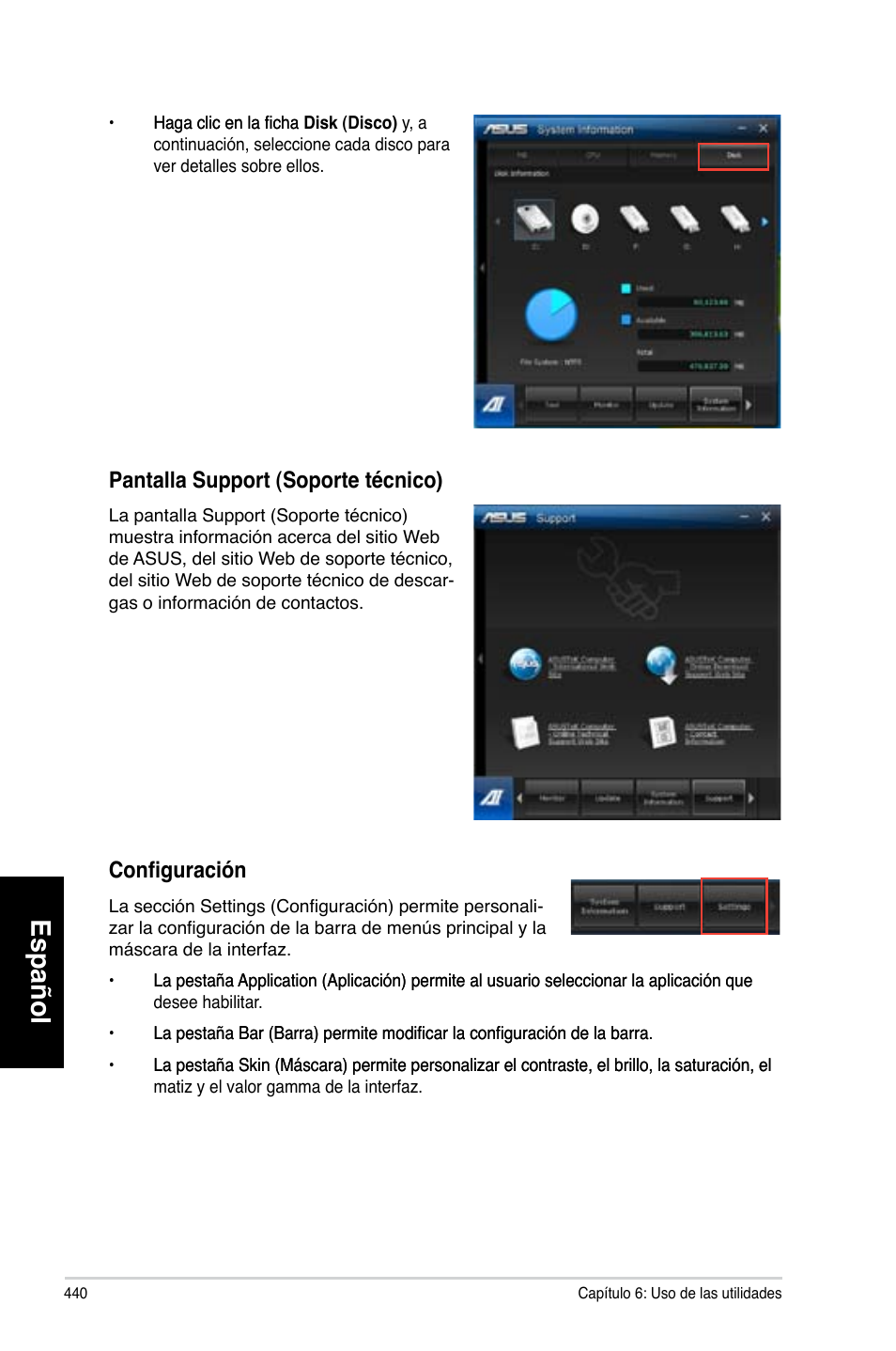 Español, Configuración, Pantalla.support.(soporte.técnico) | Asus CG8580 User Manual | Page 442 / 662