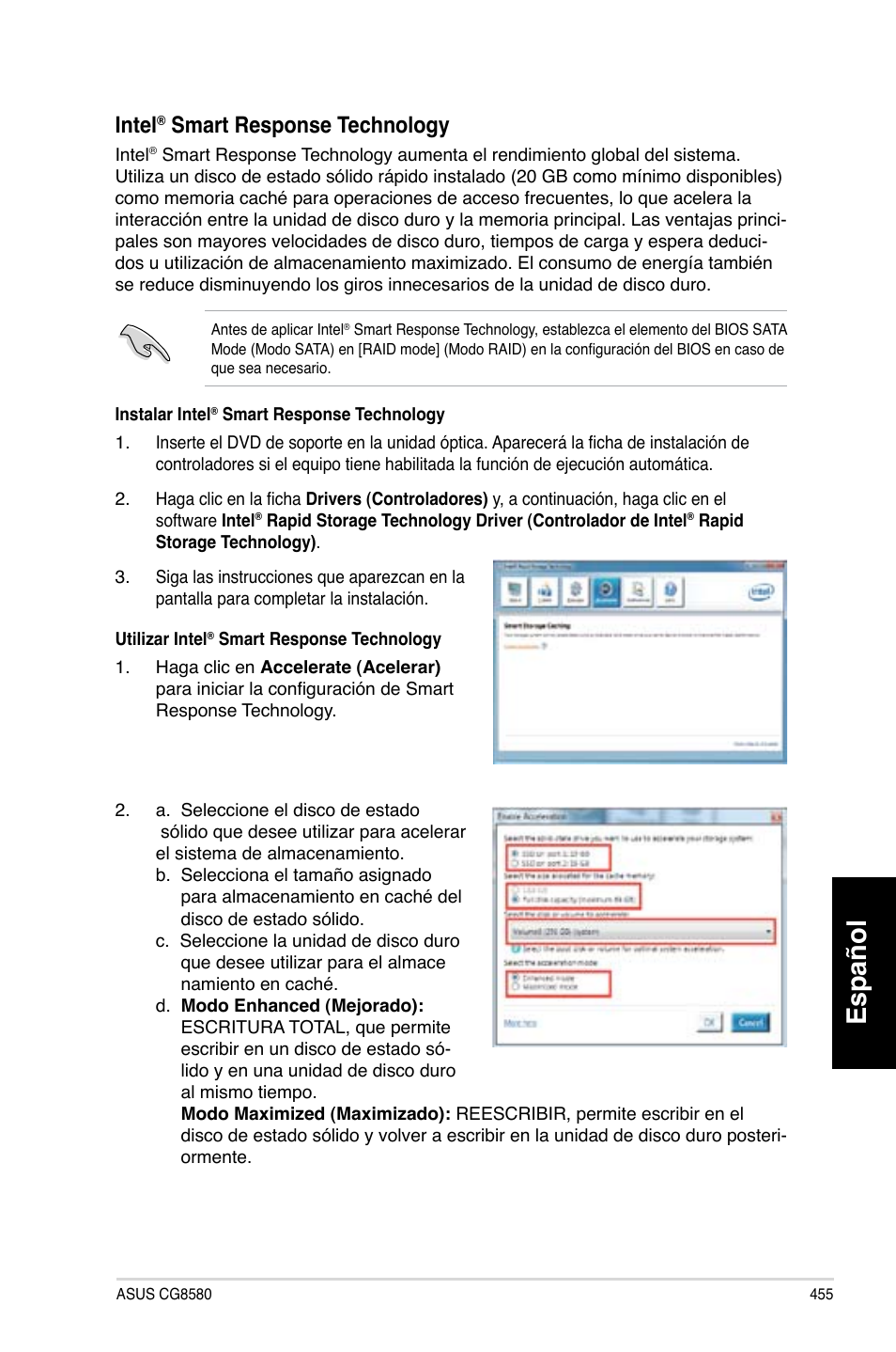 Español, Intel, Smart.response.technology | Asus CG8580 User Manual | Page 457 / 662