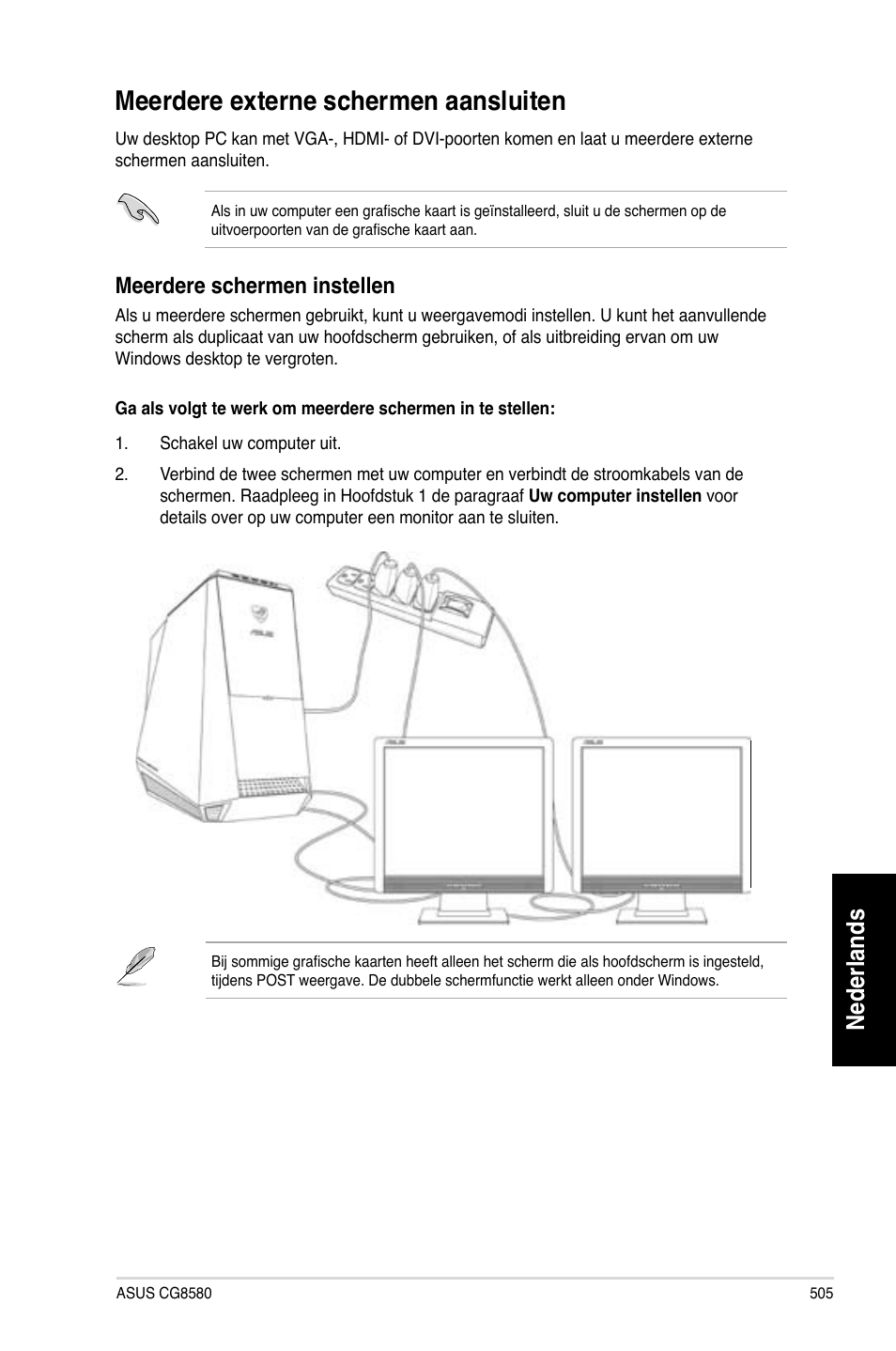 Meerdere externe schermen aansluiten, Meerdere.externe.schermen.aansluiten, Nederlands | Meerdere.schermen.instellen | Asus CG8580 User Manual | Page 507 / 662