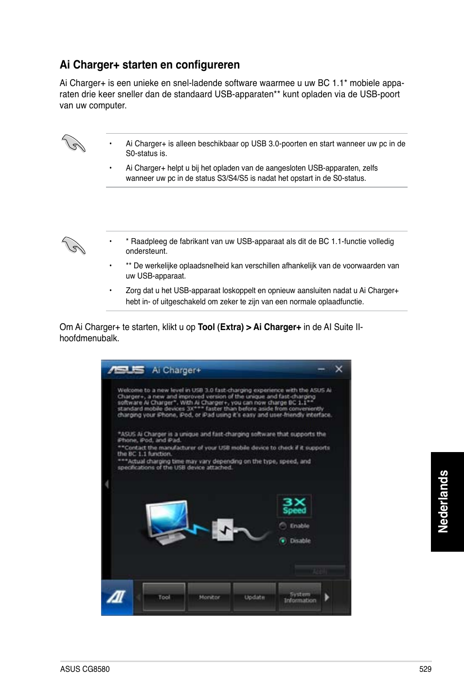 Nederlands, Ai charger+ starten en configureren | Asus CG8580 User Manual | Page 531 / 662