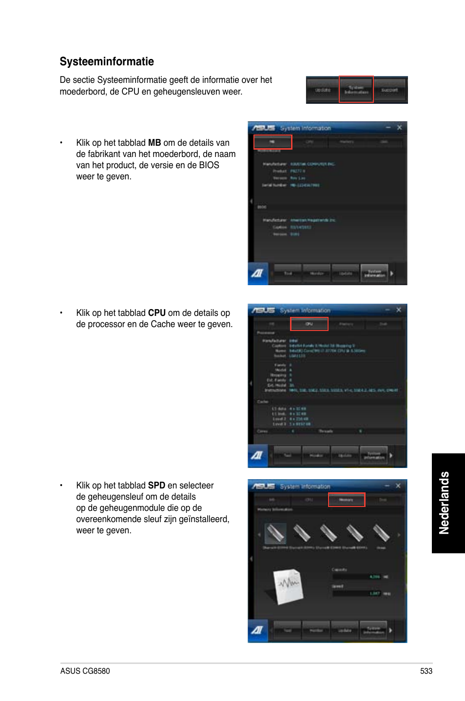 Nederlands, Systeeminformatie | Asus CG8580 User Manual | Page 535 / 662