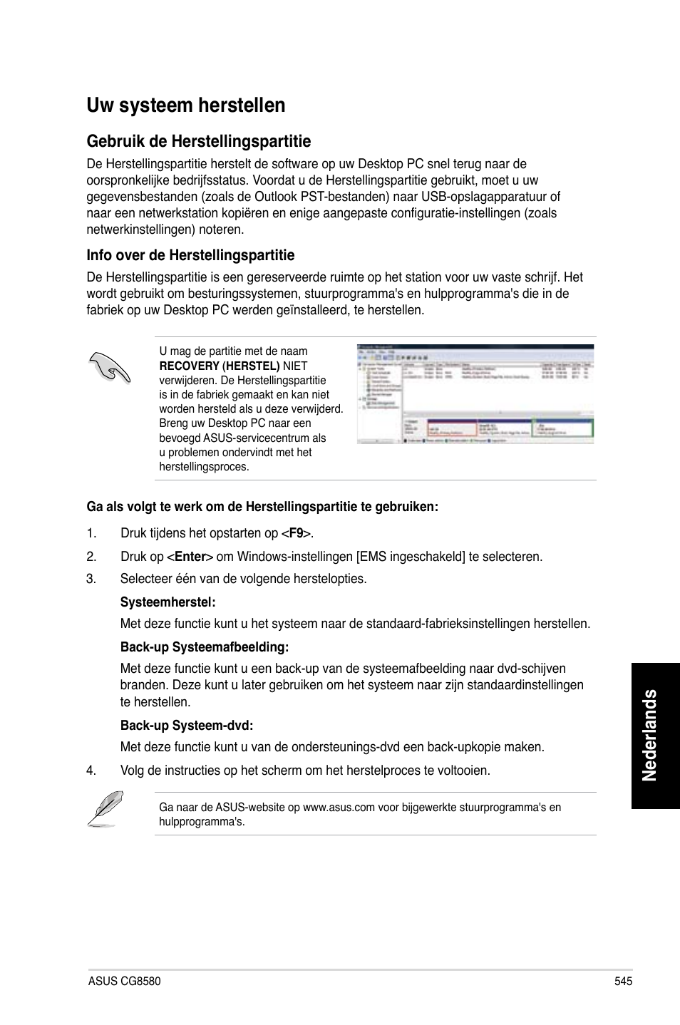 Uw systeem herstellen, Uw.systeem.herstellen, Nederlands | Gebruik.de.herstellingspartitie | Asus CG8580 User Manual | Page 547 / 662