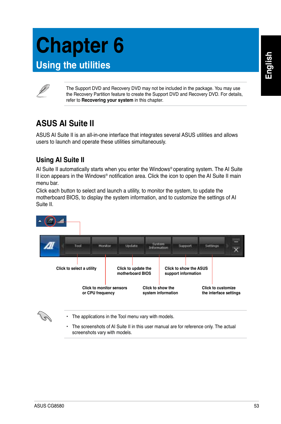 Chapter 6, Using the utilities, Asus ai suite ii | Chapter.6, Using.the.utilities, English, Asus.ai.suite.ii, Using.ai.suite.ii | Asus CG8580 User Manual | Page 55 / 662