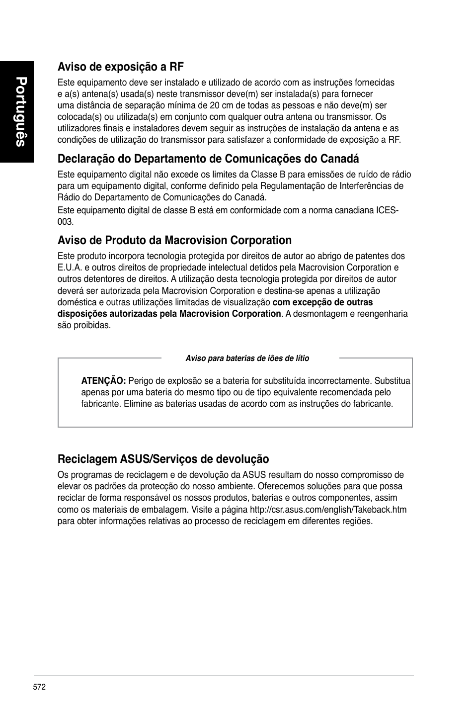 Português, Aviso.de.exposição.a.rf, Aviso.de.produto.da.macrovision.corporation | Reciclagem.asus/serviços.de.devolução | Asus CG8580 User Manual | Page 574 / 662