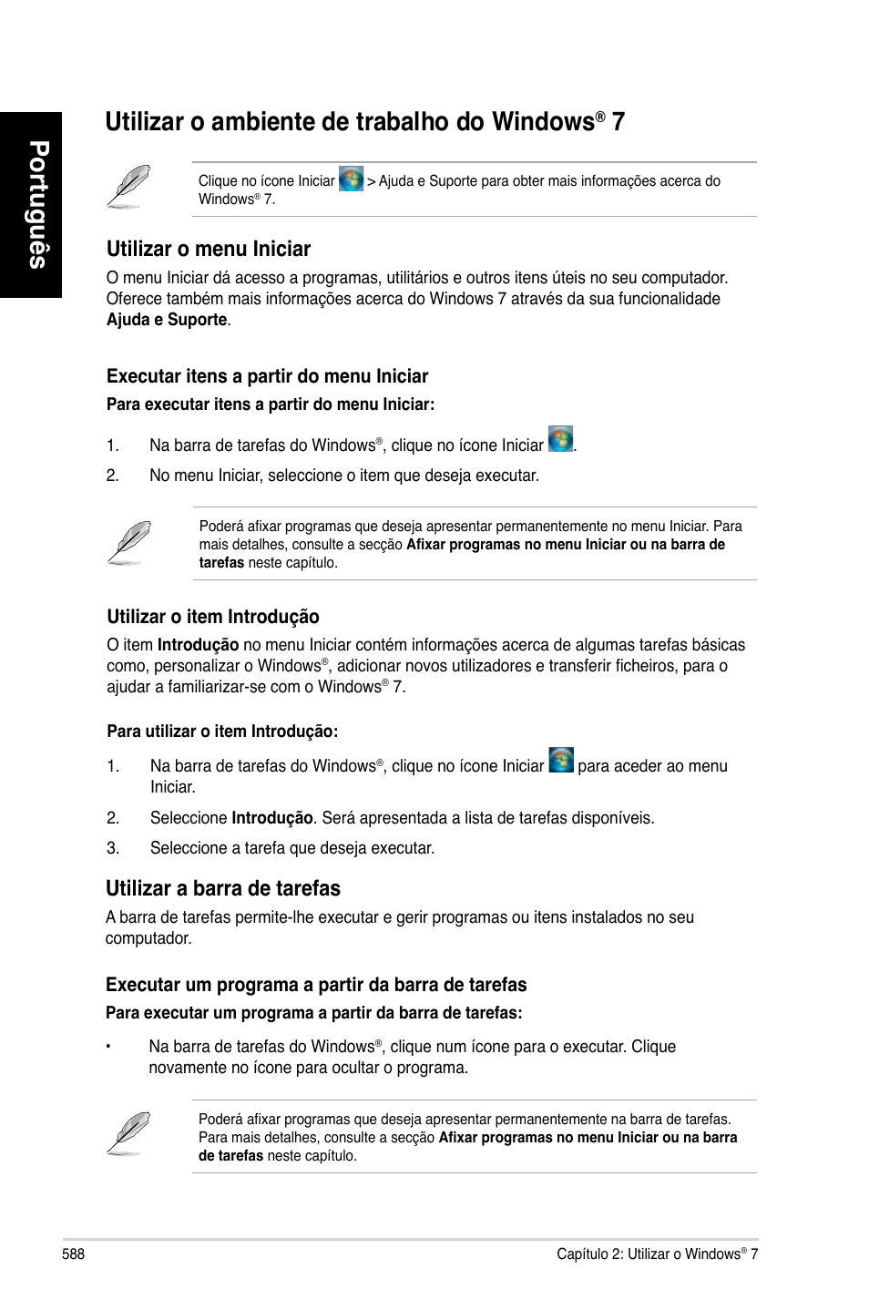 Utilizar o ambiente de trabalho do windows® 7, Utilizar o ambiente de trabalho do windows, Português | Utilizar.o.menu.iniciar, Utilizar.a.barra.de.tarefas | Asus CG8580 User Manual | Page 590 / 662