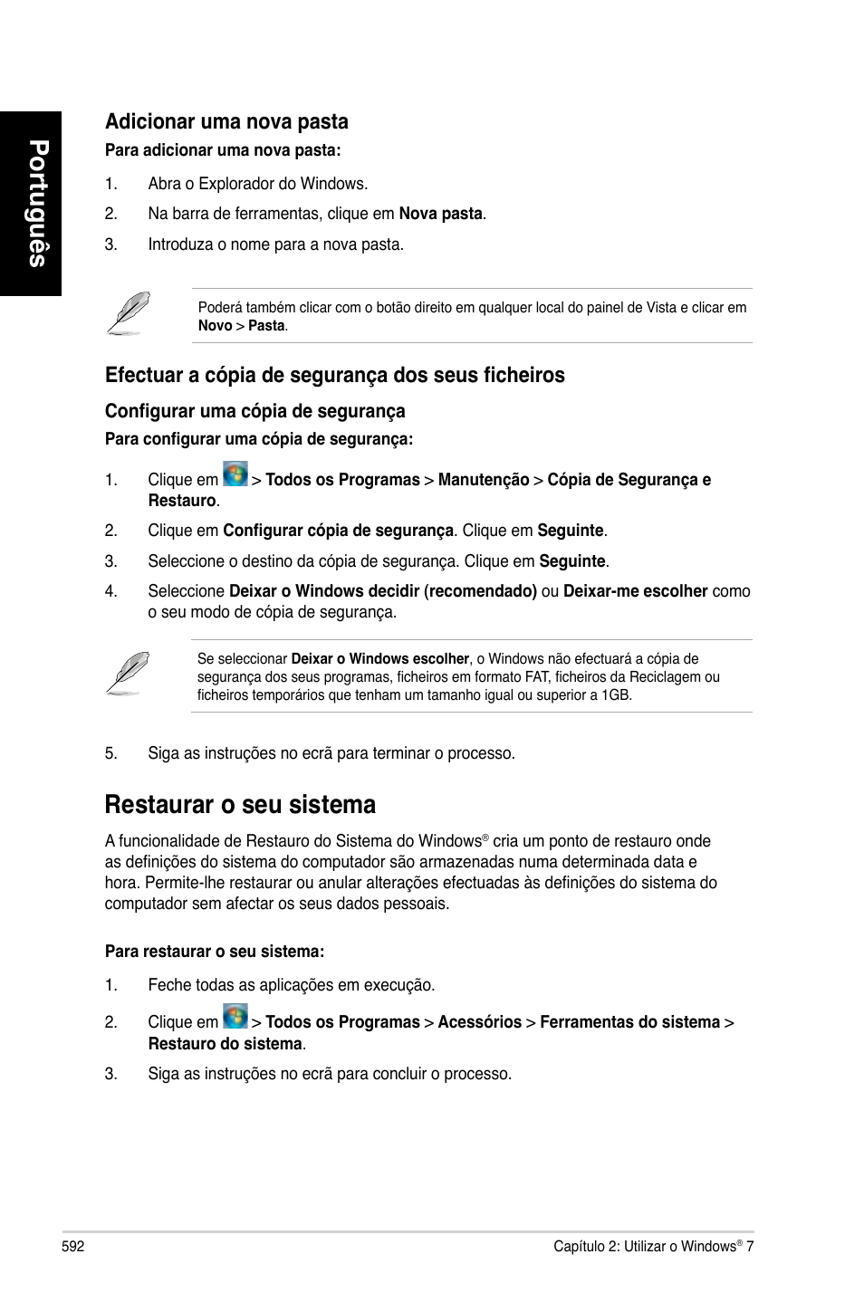 Restaurar o seu sistema, Português, Restaurar.o.seu.sistema | Adicionar.uma.nova.pasta, Efectuar a cópia de segurança dos seus ficheiros | Asus CG8580 User Manual | Page 594 / 662