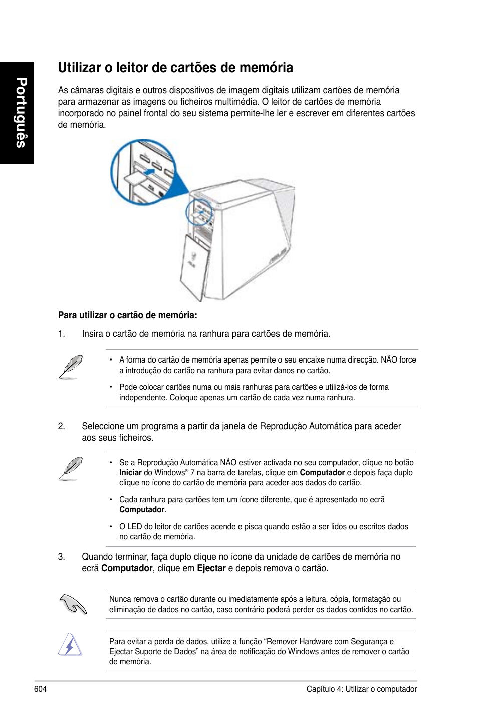 Utilizar o leitor de cartões de memória, Português, Utilizar.o.leitor.de.cartões.de.memória | Asus CG8580 User Manual | Page 606 / 662