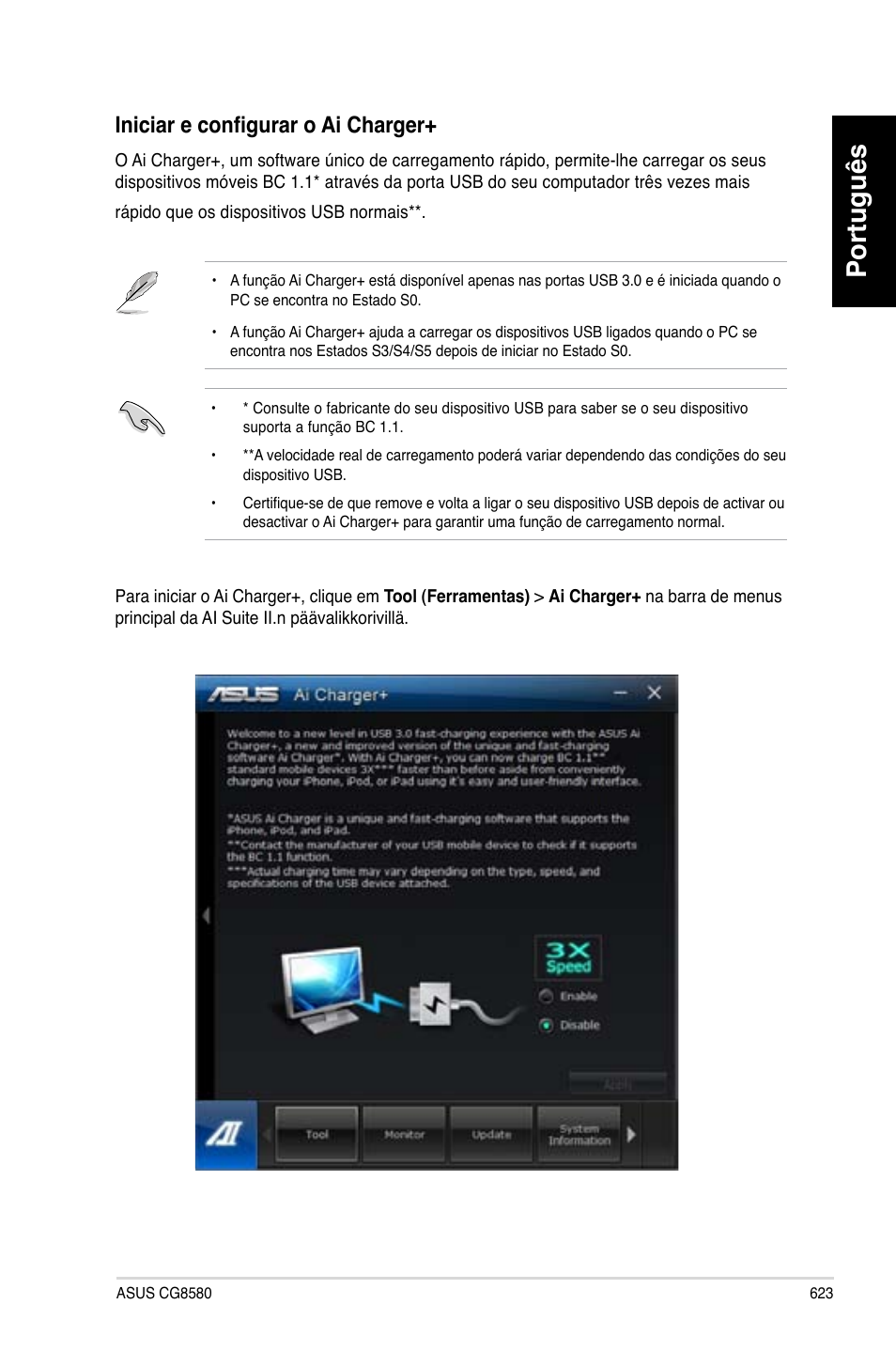 Português, Iniciar e configurar o ai charger | Asus CG8580 User Manual | Page 625 / 662