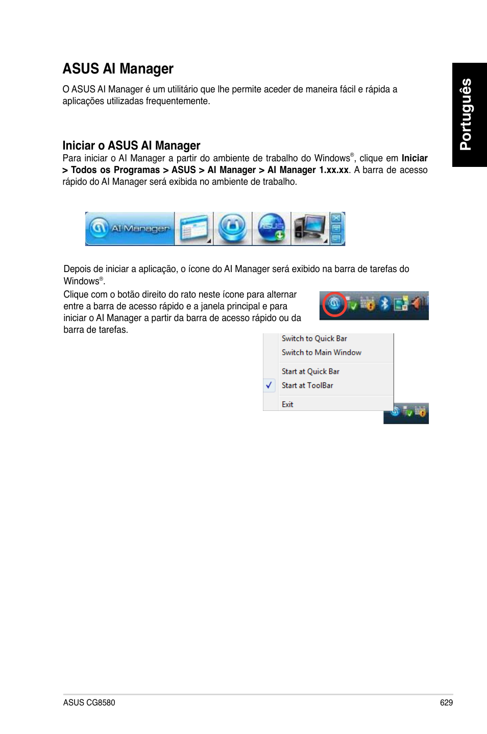 Asus ai manager, Asus ai manager 9, Português | Asus.ai.manager, Iniciar.o.asus.ai.manager | Asus CG8580 User Manual | Page 631 / 662