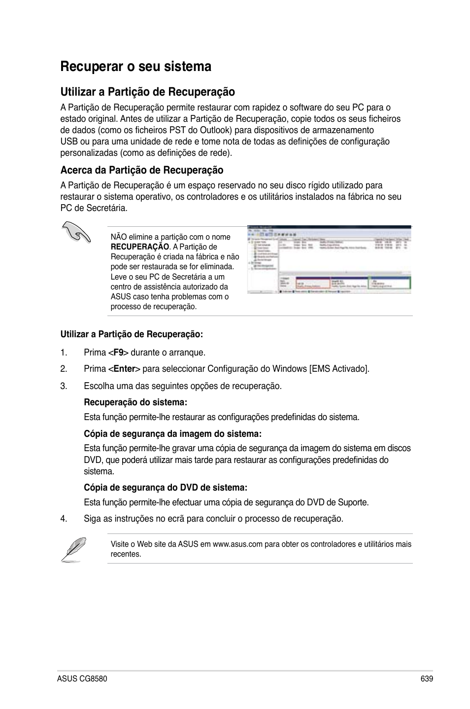 Recuperar o seu sistema, Recuperar o seu sistema 9, Recuperar.o.seu.sistema | Utilizar.a.partição.de.recuperação | Asus CG8580 User Manual | Page 641 / 662