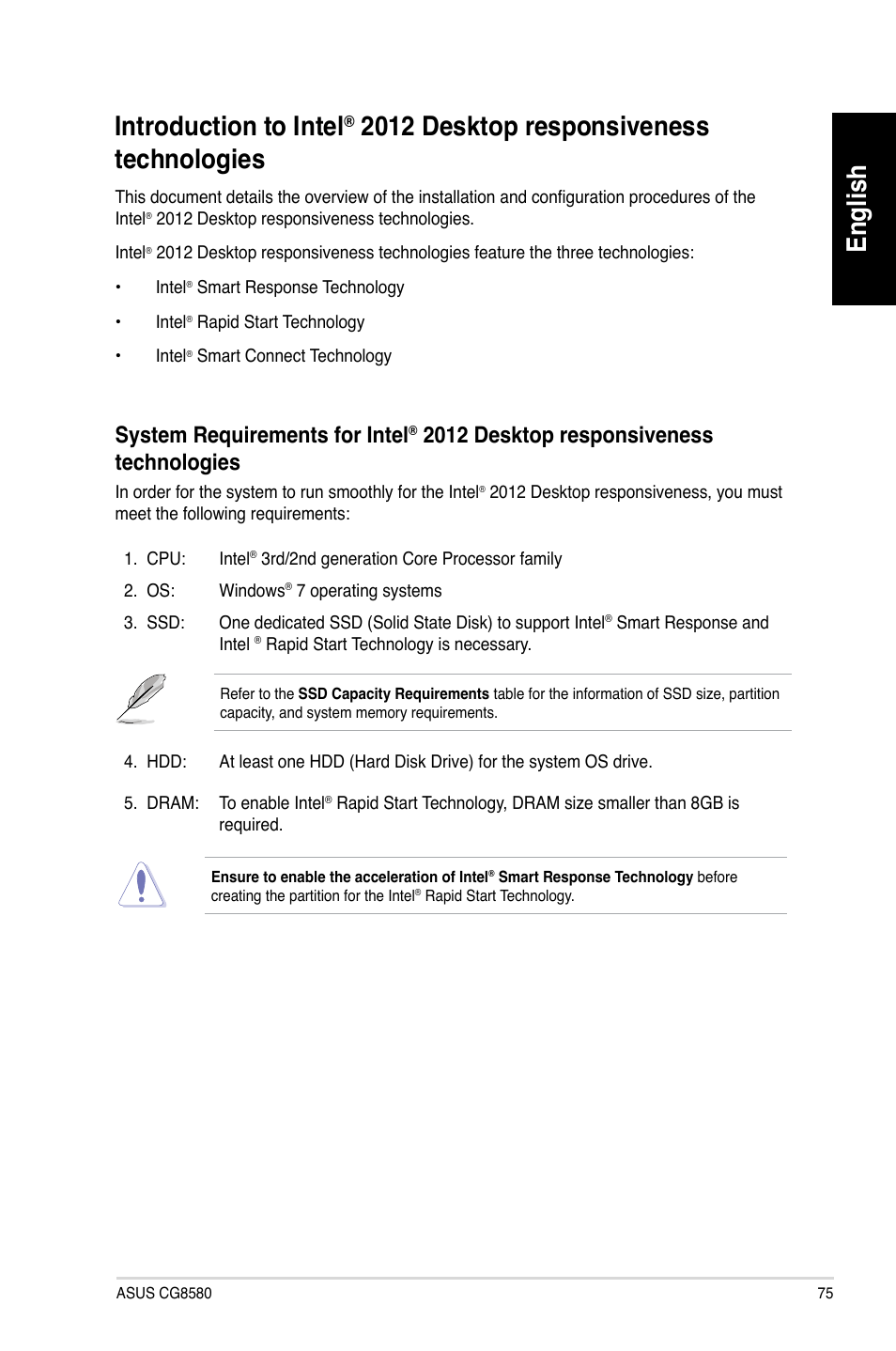 Introduction to intel, 01 desktop responsiveness technologies, English | English introduction.to.intel, 2012.desktop.responsiveness. technologies, System.requirements.for.intel | Asus CG8580 User Manual | Page 77 / 662