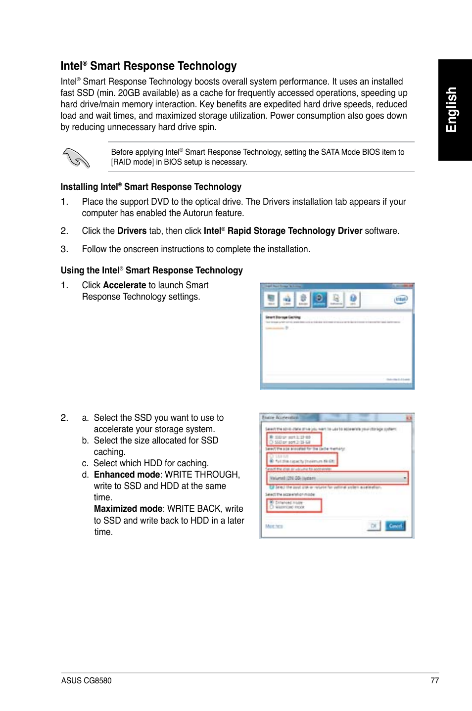 English, Intel, Smart.response.technology | Asus CG8580 User Manual | Page 79 / 662