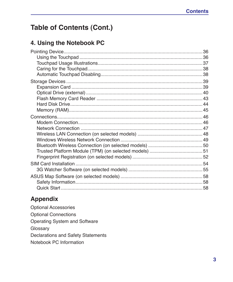 Table of contents (cont.) | Asus U3S User Manual | Page 3 / 62