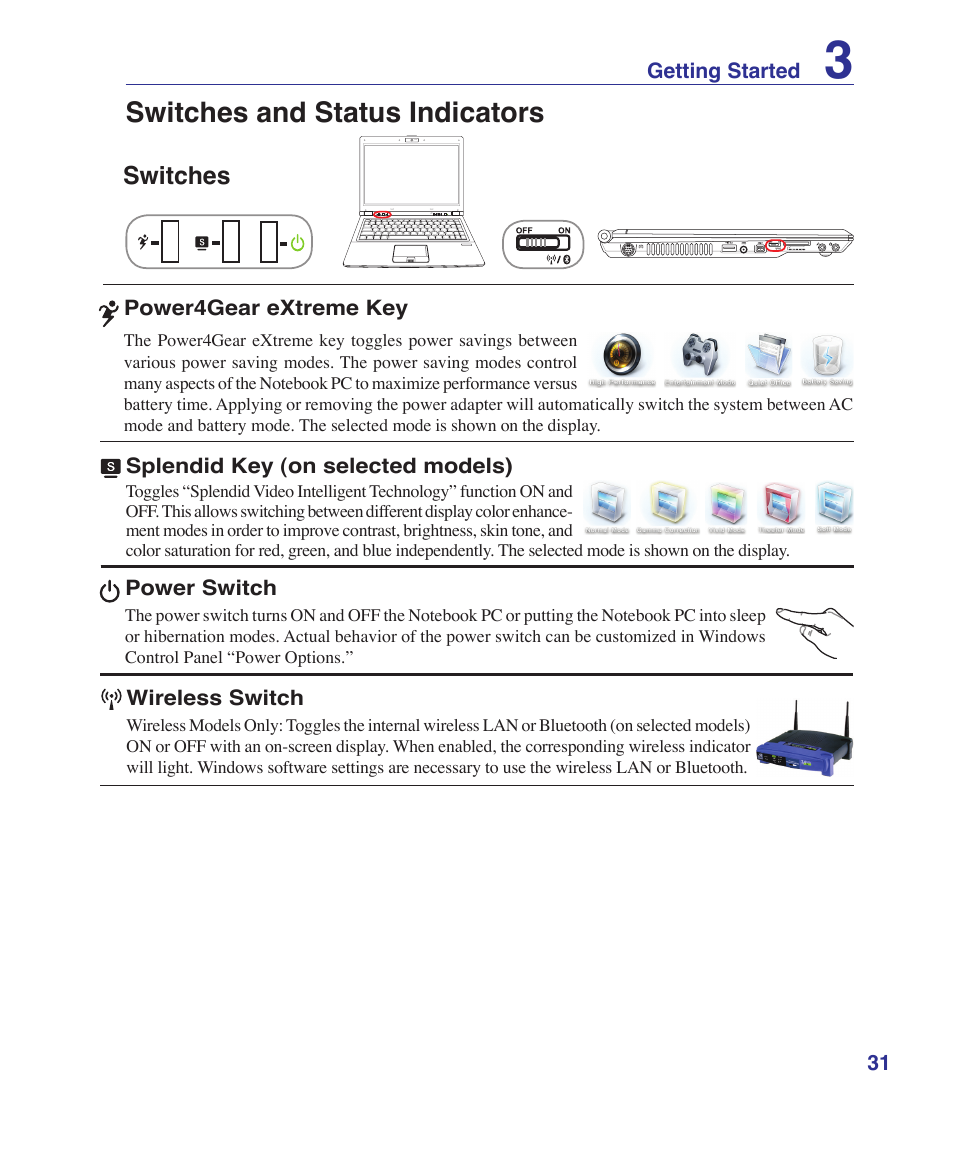 Switches and status indicators, Switches, 31 getting started | Power switch, Power4gear extreme key, Splendid key (on selected models), Wireless switch | Asus U3S User Manual | Page 31 / 62