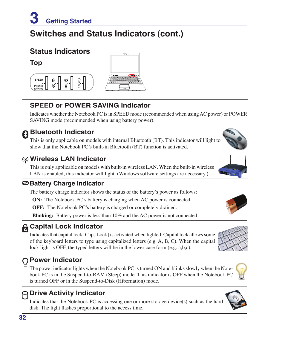 Status indicators, Switches and status indicators (cont.) | Asus U3S User Manual | Page 32 / 62