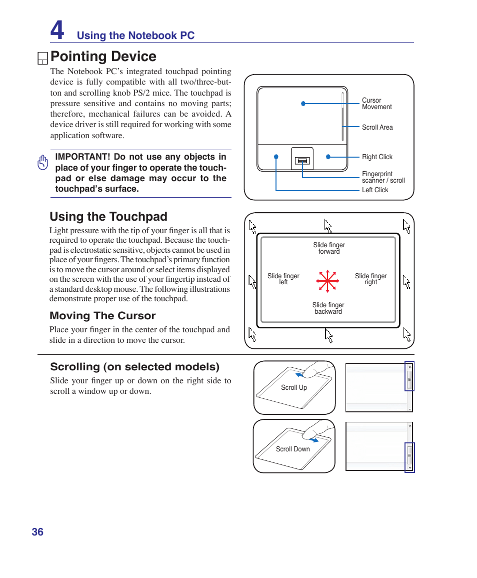 Pointing device, Using the touchpad | Asus U3S User Manual | Page 36 / 62